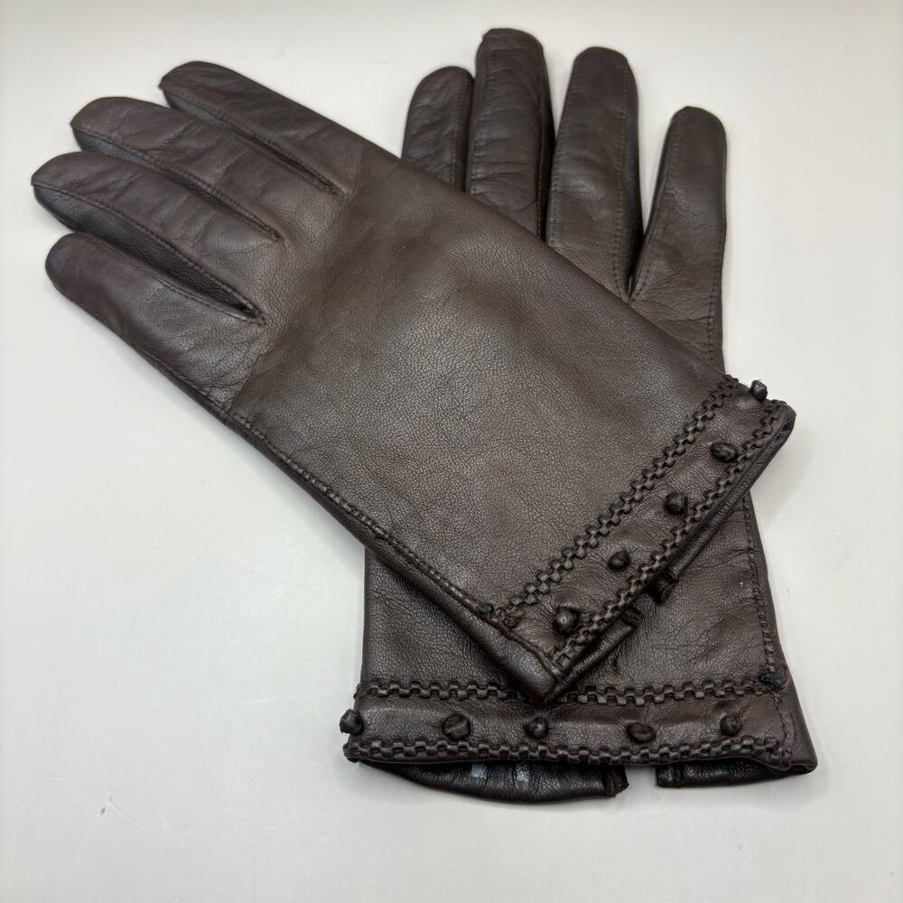 VTG Leather Gloves Sz‎ 7 Brown Knit Fabric Lined Unbranded Braided Embellished